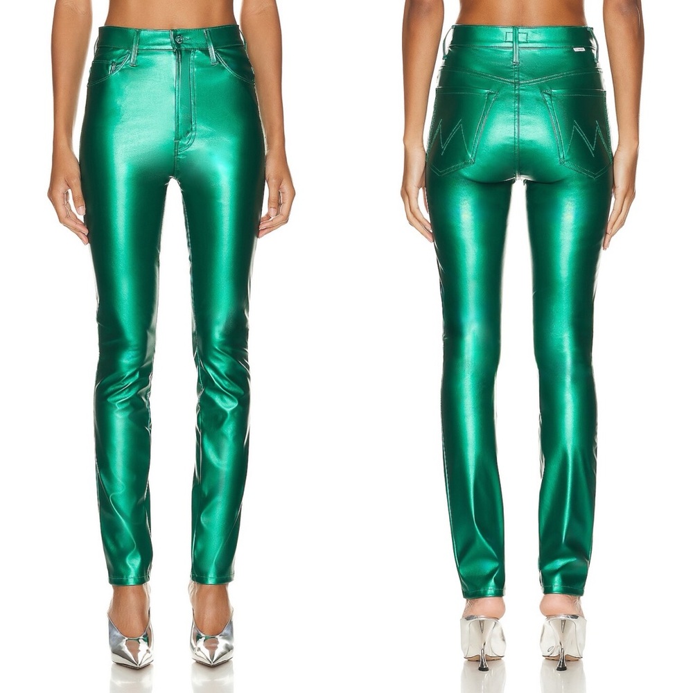 MOTHER High Waisted Rail Skimp Shiny Green High-Waisted Faux Leather Jeans NEW